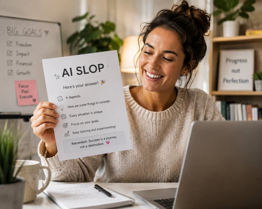 A student cheerfully holding up a page of generic AI answers